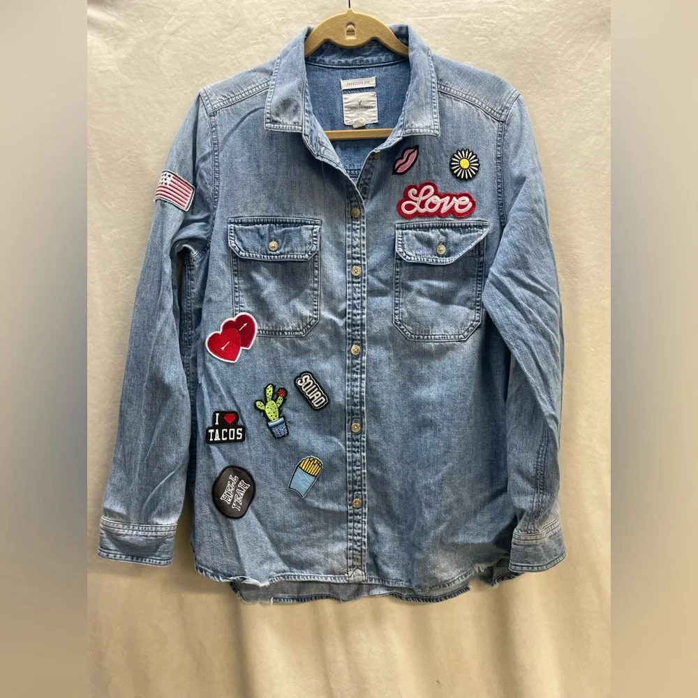 American Eagle Denim oversized shirt with Fun Patches - Picture 1 of 7